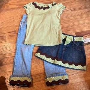 Custom 3 piece outfit-jeans, skirt and tee-green-size 6/6X-sweet